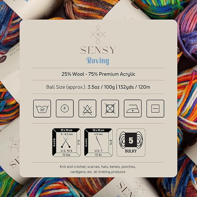 Sensy Roving Multi Color Yarn, 3.5 oz, 132 Yards, Gauge 5 Bulky (Purple Sky)