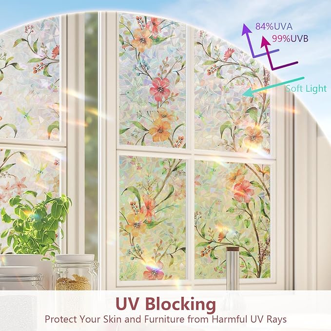 NINETREX Window Privacy Film,Stained Glass Window Film,Rainbow Decorative Stickers Static Cling Anti UV Heat Control for Home Decor (Galsang Flower,35.4 x 157.4inch)