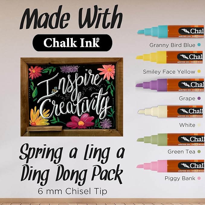 Chalk Ink Chisel Tip Wet Wipe Chalk Markers (6mm, Spring-a-Ling-a-Ding-Dong, 6 Pack)