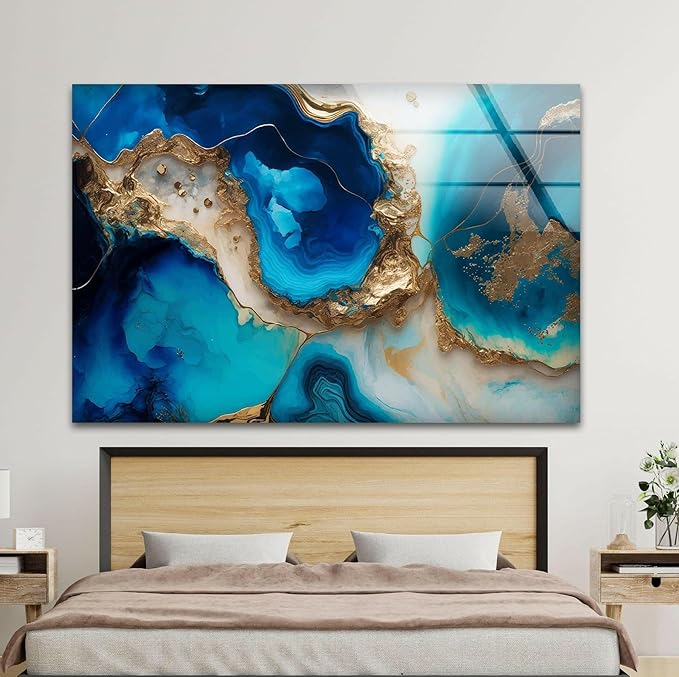 My Photostation.com Round 24'' Blue Alcohol ink Glass Wall ArtTempered Glass Printing Wall Decor Large Wall Art Wall Hangings