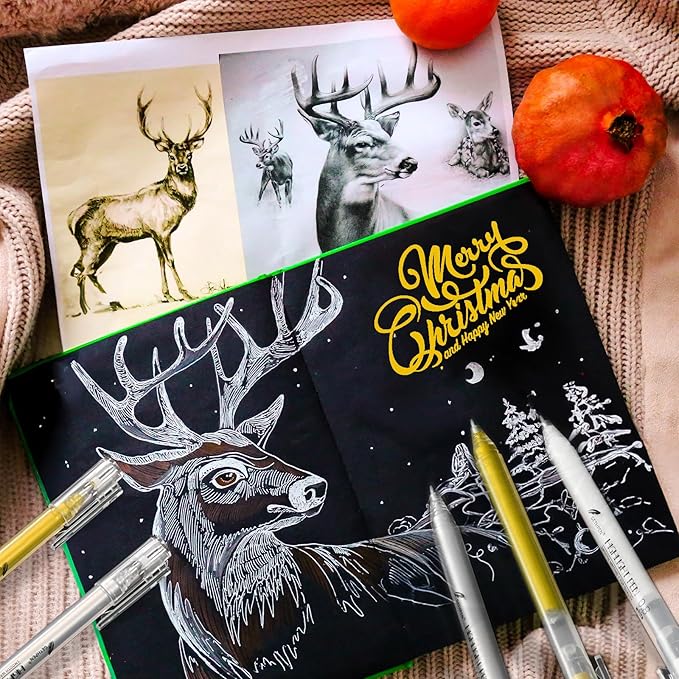0.8mm Extra Fine Point 3 Colors Gel Pen Set White,Gold and Silver Gel Ink Pens for Artists Drawing on Black Paper, Sketching, Bullet Journaling & Holiday Crafts