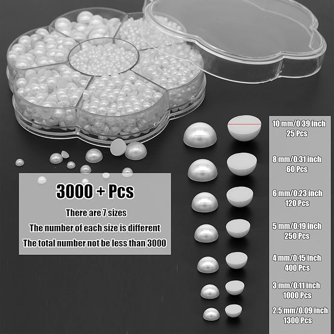 YAKA 3000PCS 1 Box 7Sizes 2.5/3/4/5/6/8/10mm Flat Back Half Round Pearl Cabochon Bead Loose Beads Gem for Nail Craft Scrapbook DIY Decoration (White)