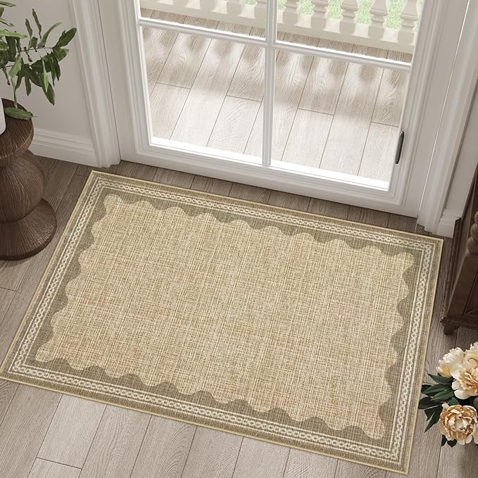 Scalloped Rug 2x3 Rugs for Entryway, Digital Print Solid Jute Rugs Small Area Rug Non Slip Scalloped Bath Mat, Washable Front Door Mat Entrance,Soft Girls Carpet Dorm for Bedroom Kitchen