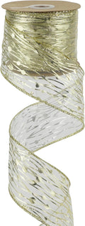 MEEDEE Gold Wired Ribbon - 2.5 Inch Sheer Organza With Horizontal Stripes and Polka Dots - 25 Yards for Gift Wrapping, Garland