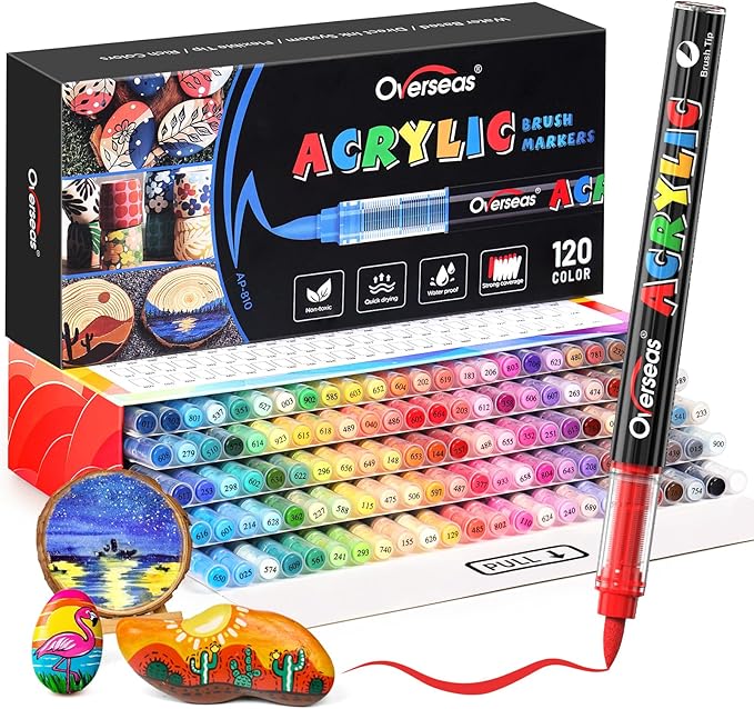 Overseas Acrylic Paint Markers 120 Colors, Brush Tip Paint Pens with Automatic Ink Control System, Quick Drying Liquid Ink Acrylic Marker for Rock, Wood, Canvas, Glass, Fabric, Metal, Plastic, Rubber