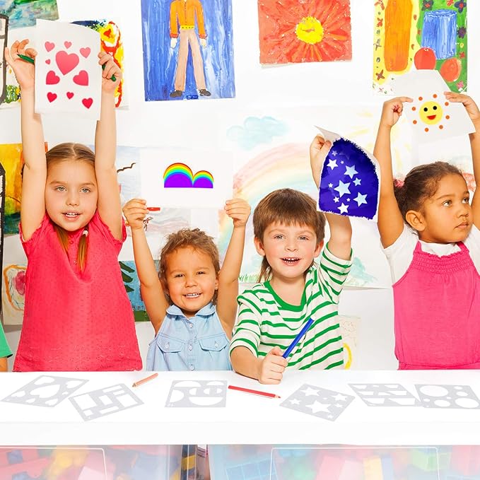 Outus 16 Pieces Kids Drawing Stencils Basic Shape Plastic Drawing Stencil Template Geometry Shape Reusable DIY Painting for Kids Girls Boys Gifts Home Classroom Crafts