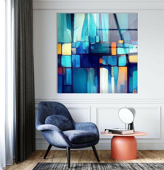 My Photostation.com 48Wx32H'' Blue Vibrant Stained Glass Wall ArtTempered Glass Printing Wall Decor Large Wall Art Wall Hangings