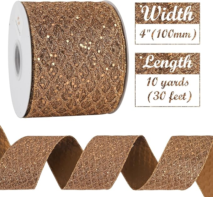 HUIHUANG Copper Wired Ribbon 4 inch Glitter Christmas Wired Ribbon Diamond Mesh Wire Ribbon for X-mas Tree Decorations, Wreaths, Garland, Large Bows Making, Thanksgiving Fall Decor -10 Yards