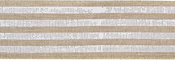 MEEDEE Burlap Wired Ribbon with White Stripe - 2.5 Inch Wired Ribbon for Cakes, Gift Baskets, Wreaths, Rustic Decor, Baby Showers, Beach, Farmhouse, 10 Yards