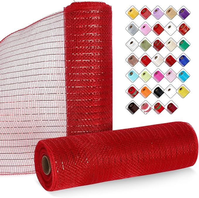 2 Rolls Mesh Ribbon for Wreaths 10 Inch x 30 Foot Wreath Mesh Rolls with Metallic Foil for Easter Christmas Party Wedding Home Decor DIY Craft Projects and Gift Wrapping (Red)