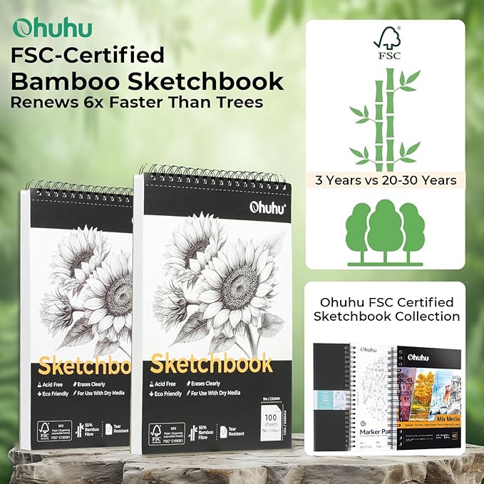 Ohuhu 9x12 Tear-Resistant Sketch Book - Bamboo Fiber Drawing Sketchbook - Top Spiral-Bound Sketch Pad - 100 Sheets Sketching Book - 79 lb/110 gsm - Acid-Free Art Drawing Painting Paper for Artists