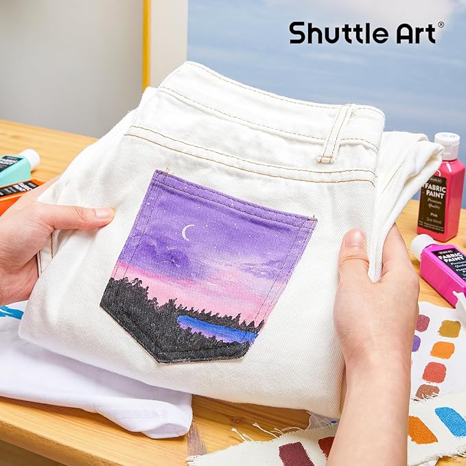 Fabric Paint, Shuttle Art 30 Colors Permanent Soft Fabric Paint in Bottles (60ml/2oz) with Brushes, Palette, Stencils, Non-Toxic Textile Paint for T-shirts, Shoes, Jeans, Bags, DIY Projects&Art Crafts