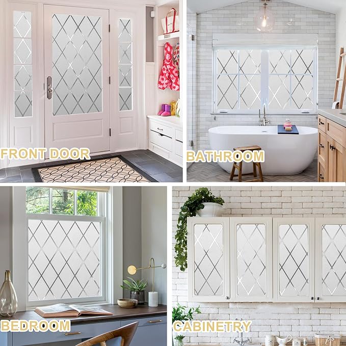 Window Privacy Film Decorative for Front Door, Bathroom Static Cling Stained Glass Sticker Opaque Heat Control UV Blocking Non-Adhesive for Home,Grid 35.4 x 78.7 inches