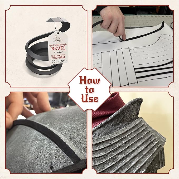 The Foamory's Instant Edge EVA Foam Pre Cut Low Profile Triangle Bevel. 5-30mm x 1M Black EVA Beveled Trim Saves Time on Cosplay, Costume Edges and Armor Detail. High Density 85kg/m³ Craft Foam Dowel