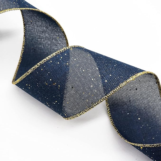 CT CRAFT LLC Blue Burlap Fabric Confetti Glitter Wired Ribbon 2.5" x 10 Yards Navy Color for Christmas Home Wedding Decor Gift Wrapping Tree Topper Bow Wreath Bouquet DIY Crafts