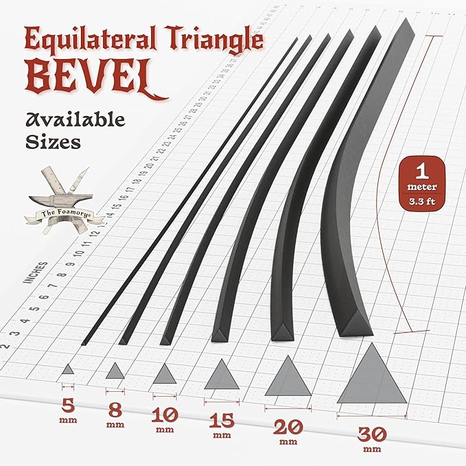 The Foamory's Instant Edge EVA Foam Bevel. Pre Cut Equilateral Triangle 3 Pack 5-30mm x 1M Save Time on Cosplay, Costume Edges and Armor Detail. Black High Density 85kg/m³ EVA Craft Foam Beveled Dowel