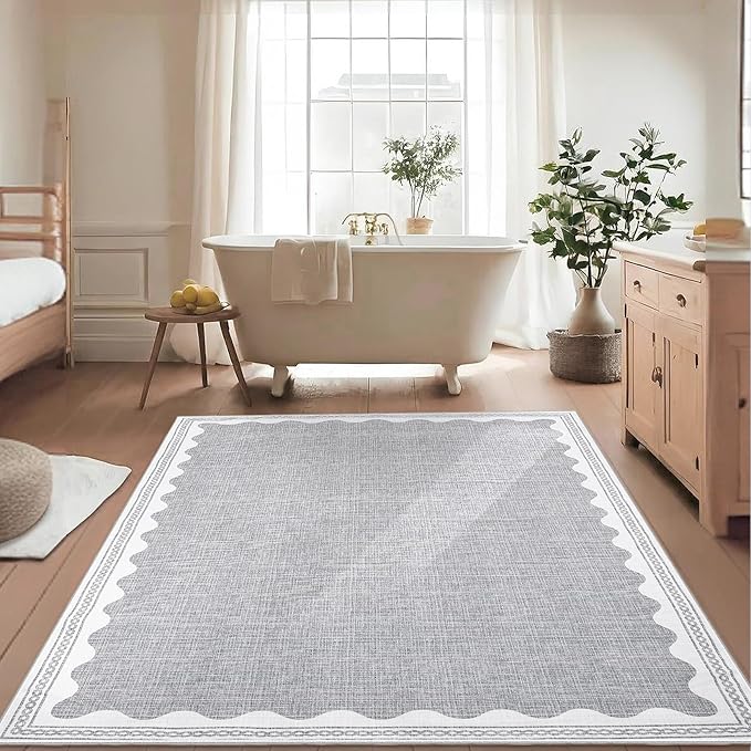 Scalloped 3x5 Rugs for Entryway, Small Area Rugs Solid Grey Rug for Bedroom Girls, 3x5 Washable Rugs for Living Room, Non Slip Scalloped Bath Mat, Soft Dorm Nursery Carpet for Bedside