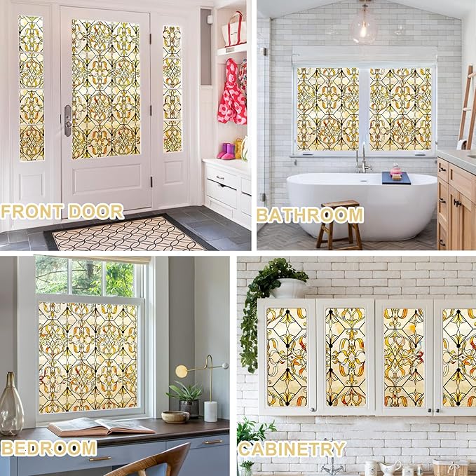 3D Stained Glass Window Privacy Film, Heat Control UV Blocking Static Cling Decorative Window Film for Bathroom,Front Door,Home Non Adhesive,GiltGaze 35.4 x 78.7 inches
