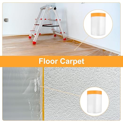 uxcell 6 Rolls Painters Plastic with Tape, 2 x 59 Ft Pre-Taped Masking Film Tape and Plastic Film Paint Plastic Covering Roll for Covering Skirting, Frames and Auto Body, Yellow/Clear