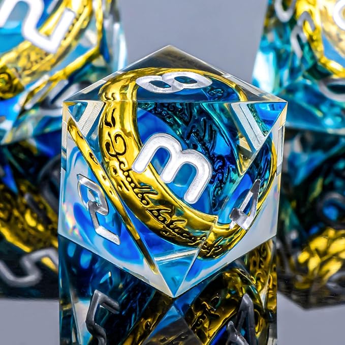 OUKELANWO Magic Lord Rings DND Dice Set with Box, 7Pcs Resin LOTR D&D Dice Set for Role Playing Game, Blue Dungeons Dragons D and D Sharp Edge Dice D20 D12 D10 D8 D6 D4