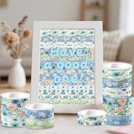 12 Rolls Floral Washi Tape, Blue Rose Flower Masking Tape, Vintage Blue Pink Floral Decorative Tapes for DIY Craft Scrapbook Journals Envelope Thanksgiving Christmas Party Decor Gift Wrapping 16.4FT