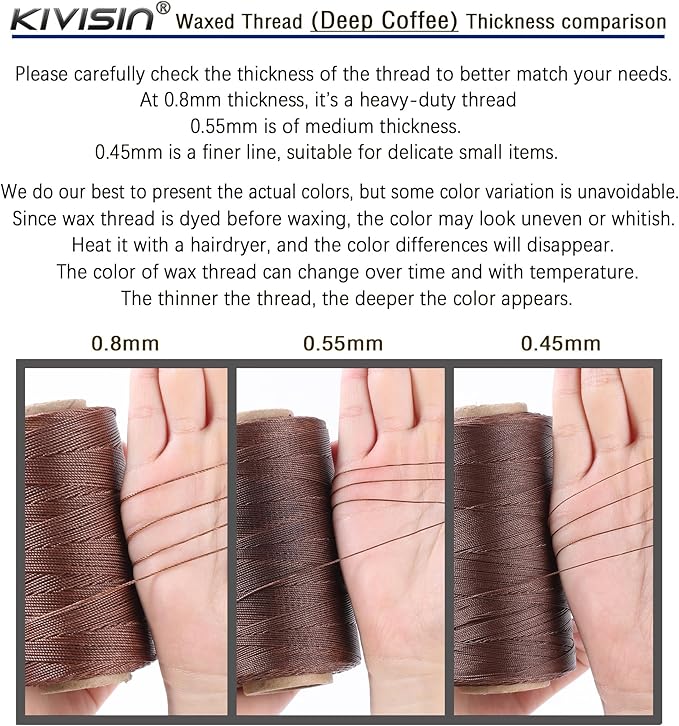 Sturdy Bonded Waxed Polyester Thread, 0.55mm, 437 Yards Wax String Cord - Deep Coffee for Leather, Hand Sewing, Stitching, Bookbinding, Beading, Bracelets and Macrame Jewelry Making