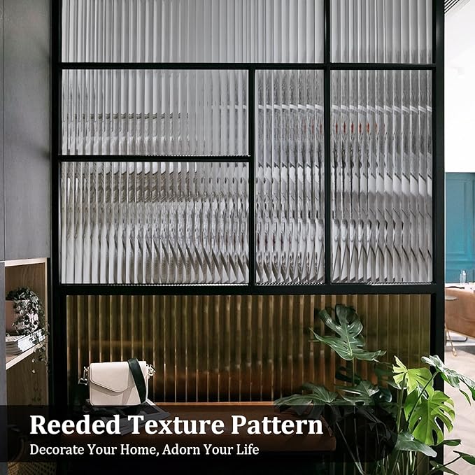 Beautyhero Window Privacy Film, Frosted Reeded Glass Cling, 3D Decorative Coverings with UV Blocking, Adhesive Stickers for Bathroom Doors Cabinet