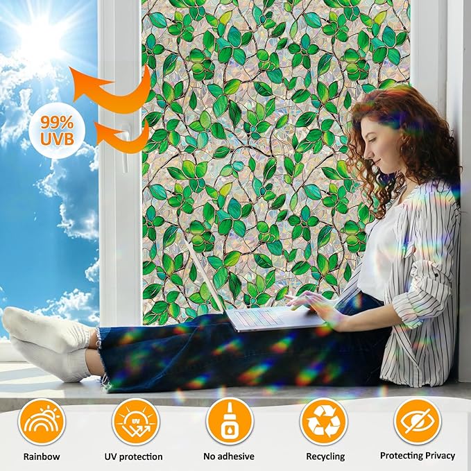 Window Privacy Film Stain Glass Window Film Rainbow Window Film Window clings Non-Adhesive Reusable Decorative for Room (Greenery Leaf, 23.6 x 78.7 in)