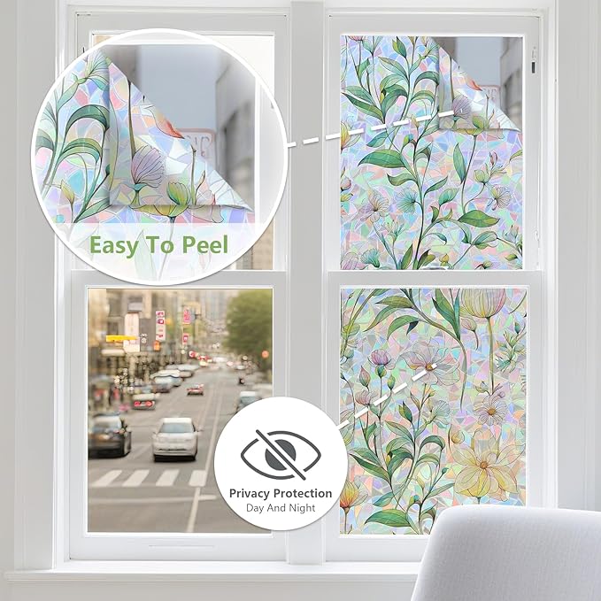 FINNEZ Window Privacy Film Stain Glass Film Flowers Rainbow Window Film Window Clings Non-Adhesive Reusable Decorative for Home（Forest Rainbow，45.2 Inch x 6.5 Feet）