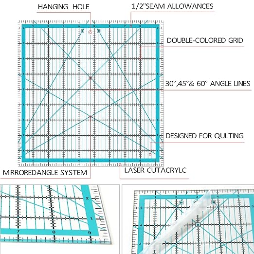 Quilting Rulers, Acrylic Quilt Ruler,4 Square Fabric Cutting Ruler (4.5""X4.5"", 6""X6"", 9.5""X9.5"", 12.5""X12.5""), Quilting Templates with Non Slip Rings. (Blue)
