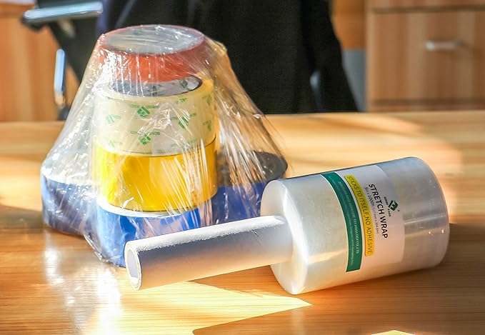 BOMEI PACK Industrial Mini Clear Stretch Wrap with Handle 5" 1000ft 80 Gauge for Pallet Wrap, Durable Self-Adhering Plastic Wrap for Packing, Moving, Heavy Duty (4)