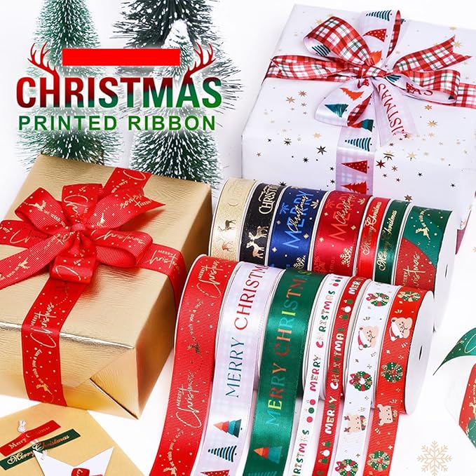 Christmas Gift Wrapping Ribbon, Red, Green, 2 Rolls Printed Grosgrain Ribbons for Crafts, Floral Bouquets, Sewing, Party and Festive Holiday Decor (2 Rolls(White/Red) A, 1 Rolls=3/8in * 10Yards)