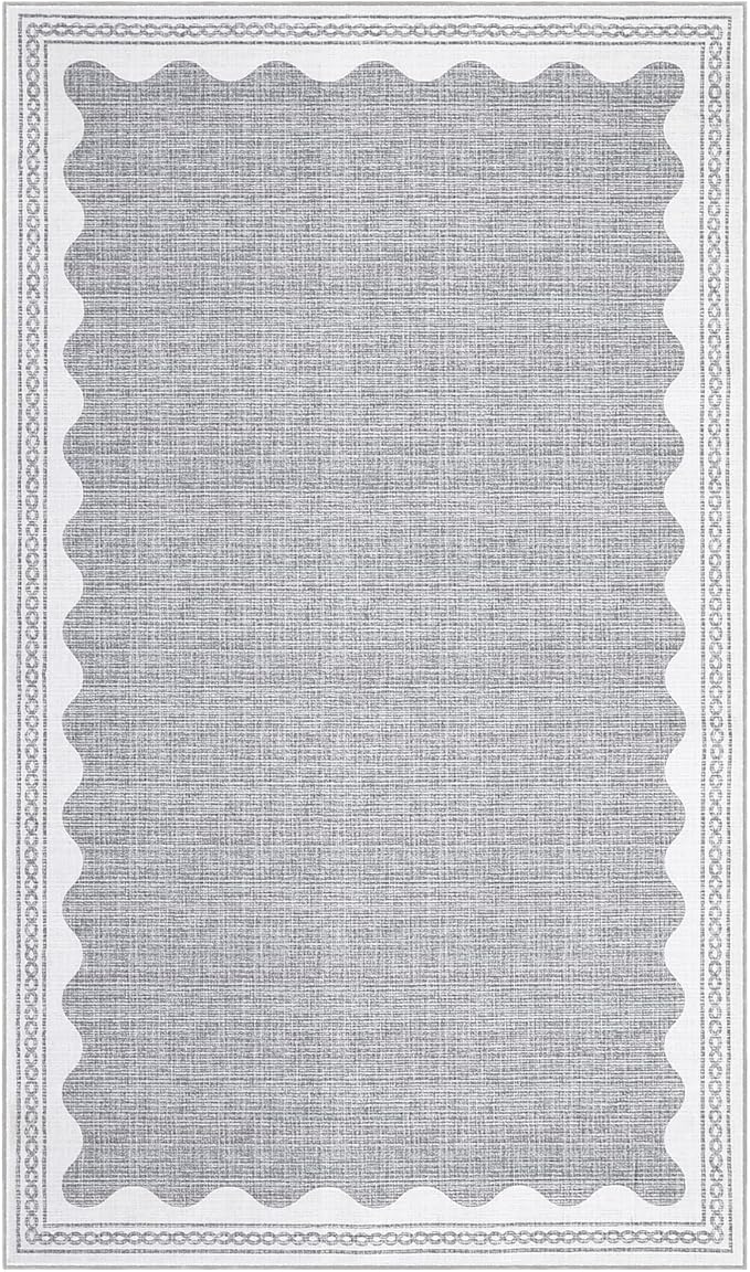 Scalloped Rug 4x6 Rugs for Entryway, Small Area Rugs Solid Grey Rug for Bedroom Girls, 4x6 Washable Rugs for Living Room, Non Slip Scalloped Bath Mat, Soft Dorm Nursery Carpet for Bedside