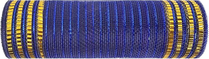 MEEDEE Navy Deco Mesh 10 Inch Deluxe Wide Foil Gold Border Mesh Metallic Mesh Fabric Navy Blue & Gold Mesh Ribbon for Christmas Tree, Wreaths, Garland, Gift Wrapping, Bows Making (30 Feet)