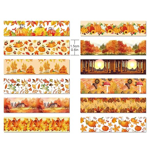12 Rolls Fall Washi Tape, Thanksgiving Autumn Maple Leaves Pumpkin Masking Washi Tape Thanksgiving Harvest Decorative Tape Sticker for Scrapbook, Journal, DIY Craft, Gift Wrapping, Card Making