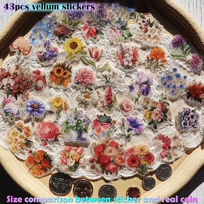 Vintage Vellum Stickers Floral Plants Elements Scrapbooking Supplies Flowers Botanic Natural Translucent Paper Self-Adhesive Junk-Journal Items (Blooming Flowers)