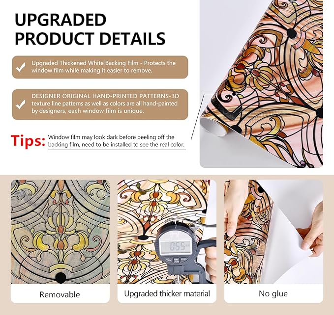 3D Stained Glass Window Film, Decorative Window Privacy Film for Bathroom,Front Door,Home, Sun Blocking Heat Control,Static Cling, Removable Non-Adhesive Golden Ironwork 23.6inch x 35.4inch
