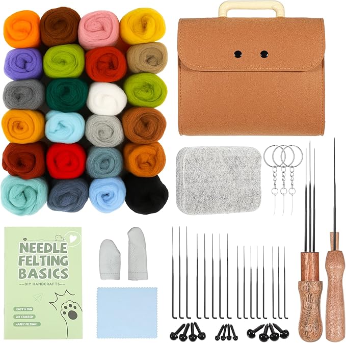 Prasacco 62 Pcs Needle Felting Kit, Felting Kits for Beginners Adult Including 24 Colors Wool Roving, Felt Needles, Felt Pad, Needle Handle, Finger Bed, Keychain, Fake Eyes, Storage Bag, Instruction