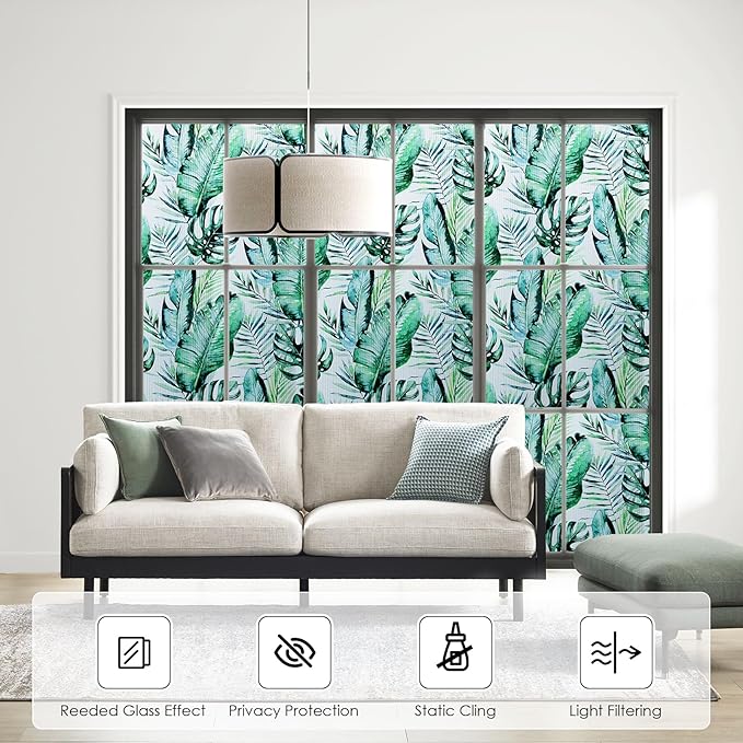DKTIE Nature Pattern Rainbow Window Film Decorative Stained Glass Window Film Static Cling Films Easy Apply Removable Comes with Tools (U560-Reeded Glass, 35.4" x 78.7")