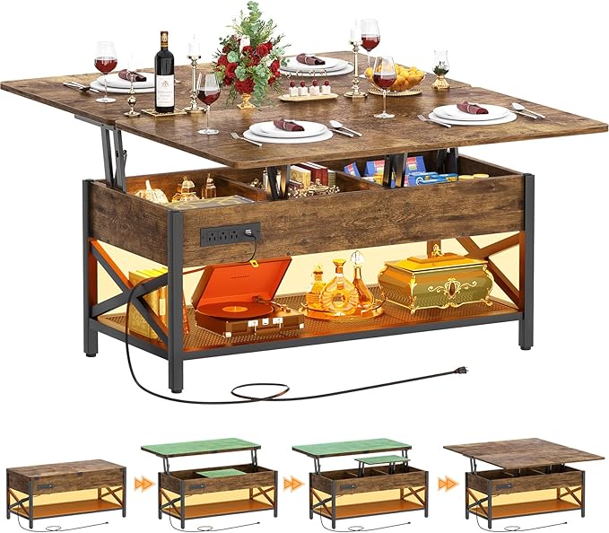 Aheaplus Coffee Table Lift Top with LED Light and Power Outlet, Multi-Function Coffee Table Converts to Dining Table, Center Table with Shelves for Living Room Reception Home Office, Rustic Brown
