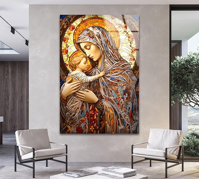 My Photostation.com 18Wx28H'' Jesus and Virgin Mary Glass Wall Art Tempered Glass Printing Wall Decor Large Wall Art Wall Hangings