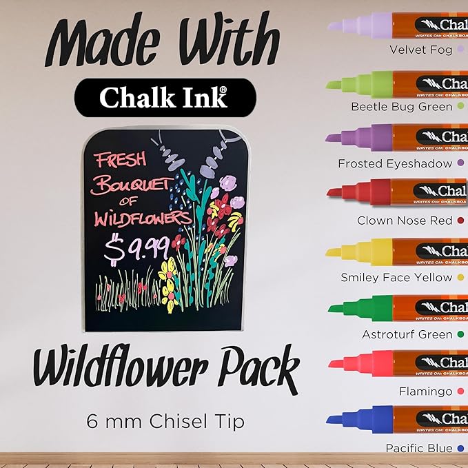 Chalk Ink Chisel Tip Wet Wipe Chalk Markers (Wildflower, 6mm, 8 Pack)
