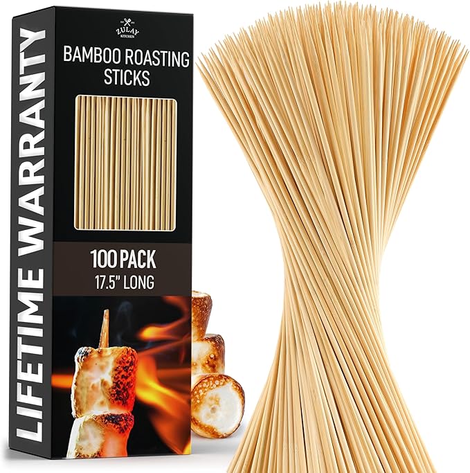 Zulay 100 Pack Bamboo Wooden Skewers - 17.5" Marshmallow Roasting Sticks & Barbeque Skewers For Campfire - Authentic Bamboo Sticks & Smores Sticks For Grilling Hotdogs, Kabobs, BBQ, & More