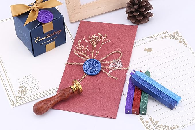 Yoption 5 Color Sealing Wax Sticks, Vintage Totem Fire Manuscript Wax Seal Sticks with Wicks for Wax Seal Stamp (Blue+Purple+Red+Navy Blue+Green)