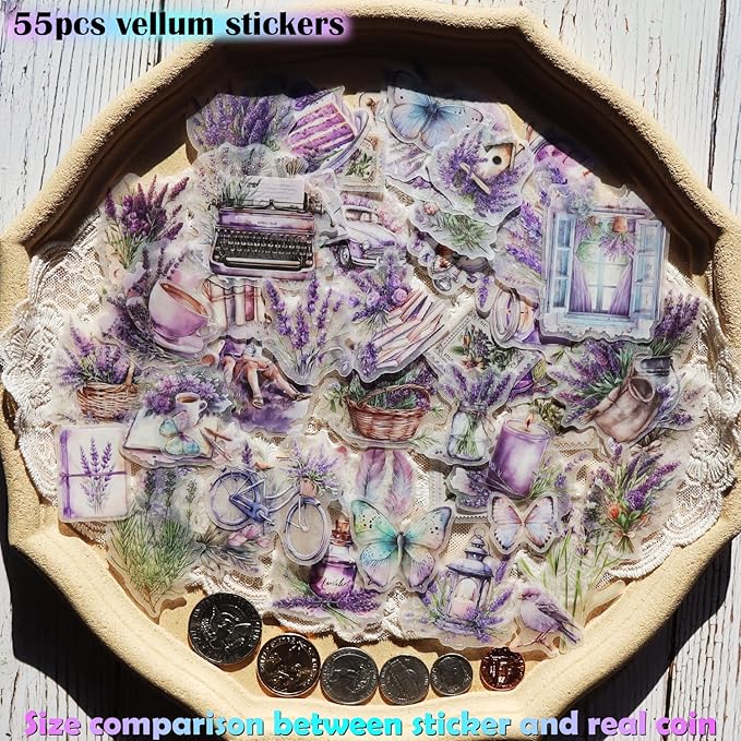 Vintage Vellum Stickers Floral Plants Elements Scrapbooking Supplies Flowers Botanic Natural Translucent Paper Self-Adhesive Junk-Journal Items (Lavender)