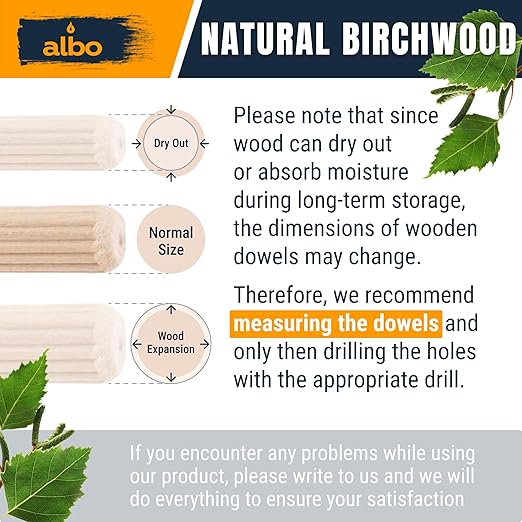 ALBO Wooden Dowel Pins 1/2 x 2 inch Fluted Wood Dowels Rods 100 Pack Hardwood Crafts Dowel Pegs