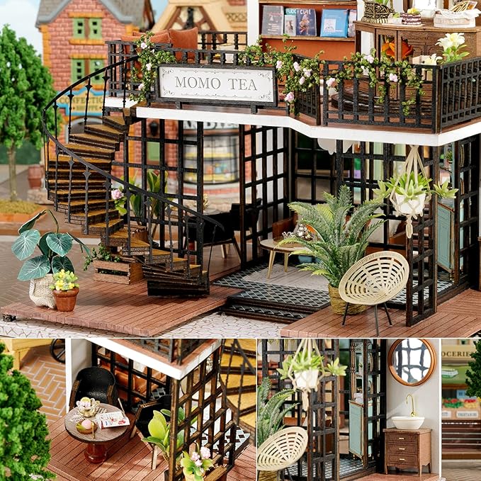 TuKIIE DIY Miniature Dollhouse Furniture Kit, 1:24 Scale Creative Room Wooden Doll House Accessories Plus Dust Proof & Music Movement for Kids Teens Adults(Forest Teashop)