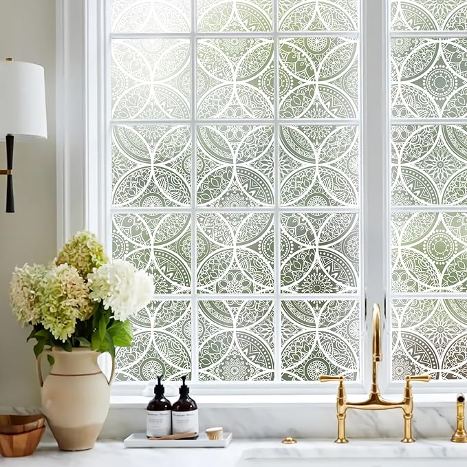 DKTIE Bohemian Decor Stained Glass Window Film with Installation Tools, Two-Way Window Privacy Film, Reduce Glare, Pure White, 17.7 x 78.7 Inch