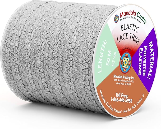 Mandala Crafts Gray Stretch Lace Soft Elastic Trim Roll - 55 Yards 1 Inch Wide Stretchy Frilly Picot Ribbon for Sewing Lingerie, Headbands, Underwear, and Crafts