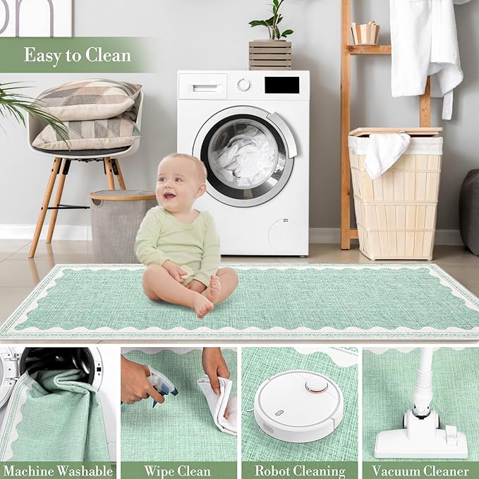 Scalloped Washable Rug 8x10 Area Rugs for Living Room, Solid Green Rug for Bedroom Girls, Non Slip Throw Carpet with Rubber Back, Soft Dorm Nursery Scalloped 8x10 Rugs for Dining Room